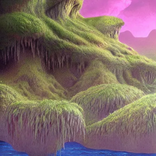 Prompt: artistic digital artwork of a lush natural scene on an alien planet. beautiful landscape by lurid ( 2 0 2 2 ), michael whelan and remedios varo. weird vegetation. cliffs and water. grainy and rough. interesting pastel colour palette. beautiful light. oil and water colour based on high quality render.