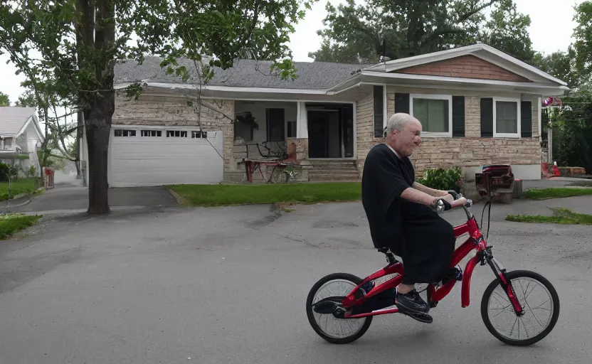 Image similar to Darth riding his child sized bike in front of his home, 8k