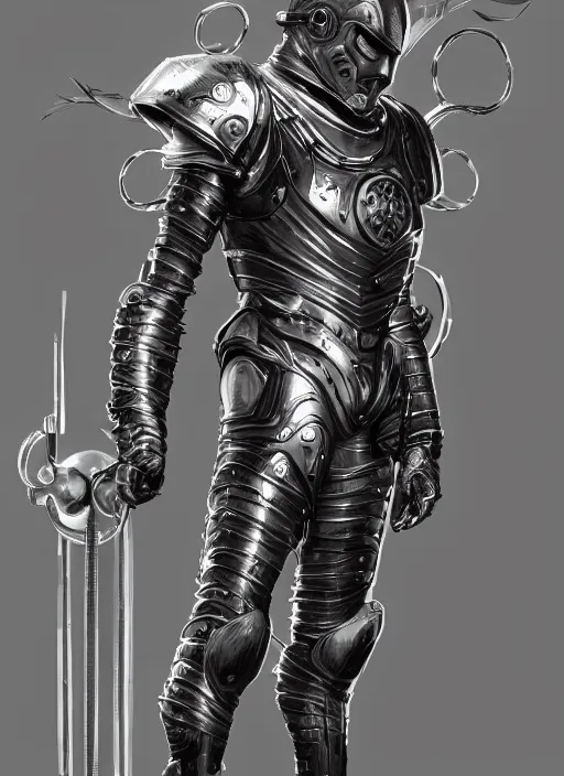 Image similar to powerful male tin man, christian bale as tinman, full body character concept, covered in full metal armor, plating, art nouveau, super powers, fantasy, intricate, elegant, highly detailed, digital painting, artstation, concept art, shining, sharp focus, illustration, art by stanley lau