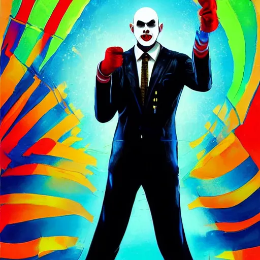 Image similar to portrait of agent 4 7 as a clown, colorful, circus background, cinematic, dramatic light, high detail, inside a messy room, masterpiece, art by jisu choe