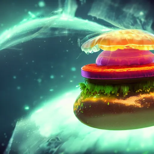 Prompt: A jellyfish like burger, its translucent wraps the nebula in the depths of space. Ultra clear material. 3D concept art. octane render. cinematic lighting, intricate details.