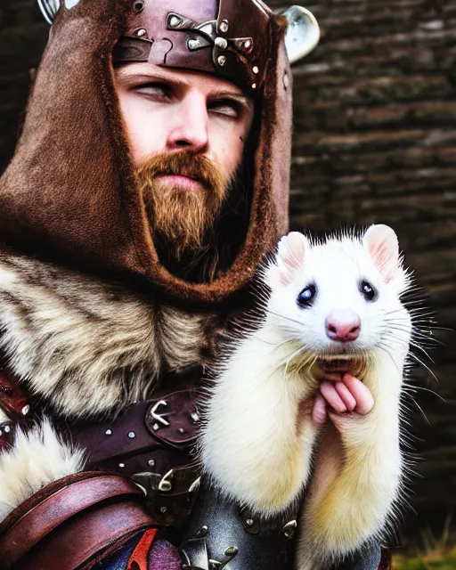 Image similar to ferret love warrior, furry, fantasy, viking, high detailed, hearts, photography, cloudy, lightweight leather armour, scandinavia, plain, detailed face, look into the distance, serious face, full body, in full growth, professional photographer, masterpiece, 5 0 mm, extremely detailed, digital art, middle ages, 8 k