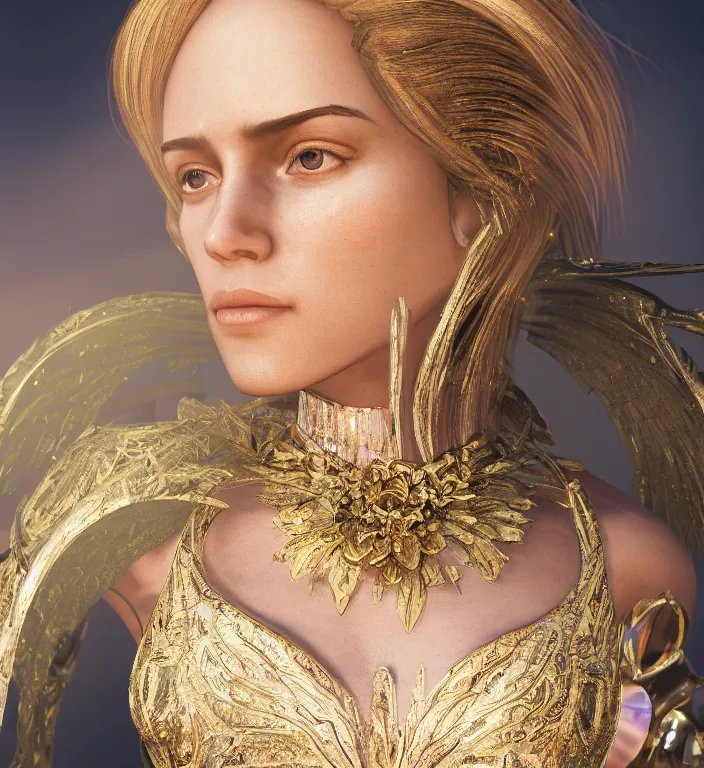 Prompt: centered waist up portrait of an angel wearing an incredible dress with jewelry, bokeh + DOF + 8k, photorealistic + rendered in octane + ultra realistic + backlit + strong rim light + HDRI, HD, by midjourney, trending on artstation