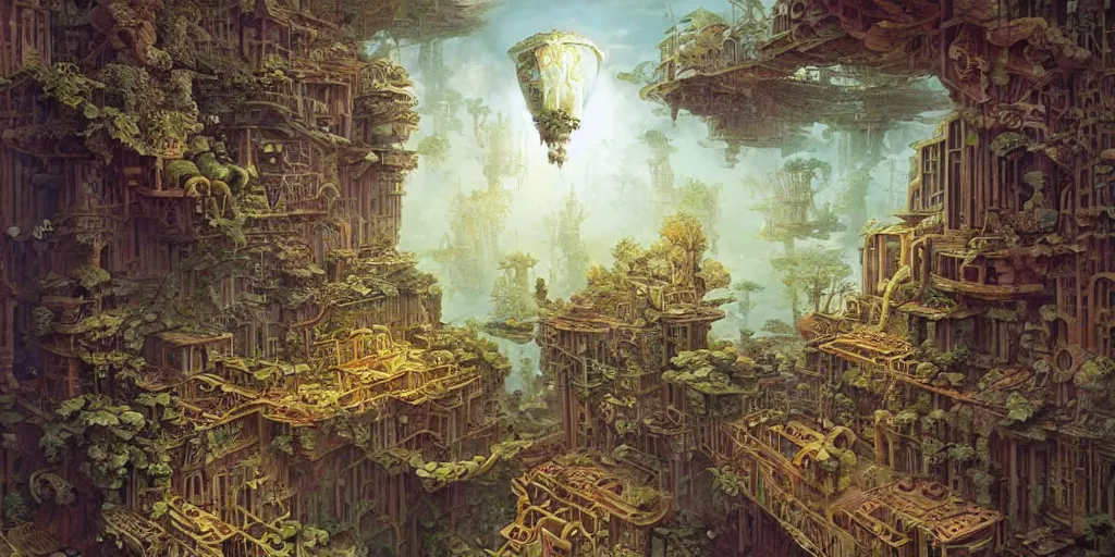 Prompt: a still frame of a floating society by hubert robert and daniel merriam and roger dean and jacek yerka, alex grey style, soft lighting, beautiful, realistic, minimalistic