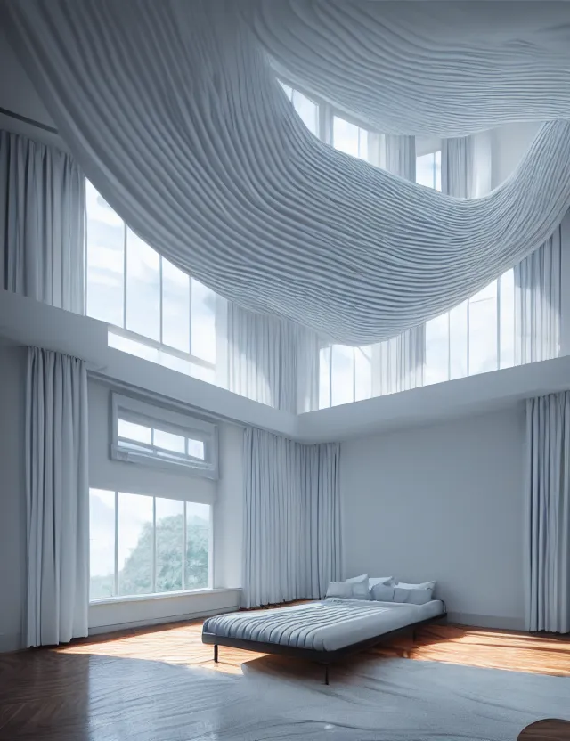 Image similar to an ultra wide angle photo of a bed hovering above the floor in the middle of a giant ultra modern room with windows opening to multiple dimensions by casey weldon and lee madgewick, photorealistic, octane render, recursive, flowing, cascading, multiverse, labyrinthine