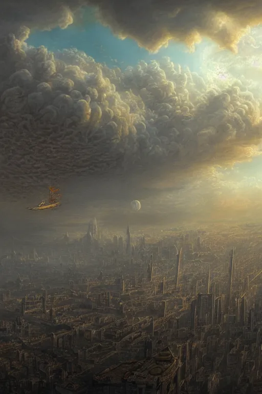 Image similar to a beautiful hyper realistic detailed matte painting of a city floating in the air, flying castle might, vivid color hues, looks like creativity by john howe, greg rutkowski, gustave dore, ferdinand knab, aerial view above a desolate apocalyptic plain, barometric projection, rectilinear, octane render, ellen jewett, beautiful surreal palatial pulsar at dawn