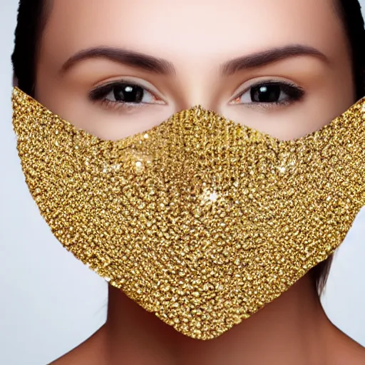 Prompt: beautiful female face covered in gold octahedrons