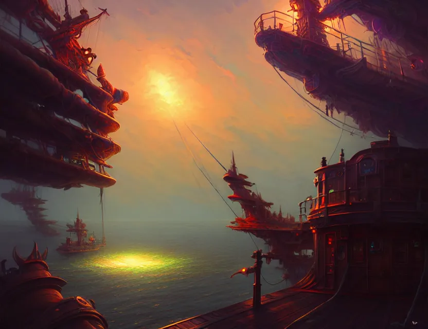 Image similar to standing upon the deck of the flying ship, d & d fantasy art, artstation contest winner, beautiful digital painting in the style of dan mumford, art by kev chan, volumetric lighting, concept art, speedpainting, fantasypunk, deep colors, cgsociety, by art germ, by gerald brom, by peter mohrbacher