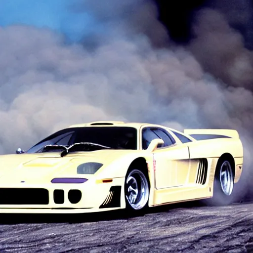 Prompt: a saleen s 7, drifting, on the moon, smoke coming from tires, film still, panavision panaflex