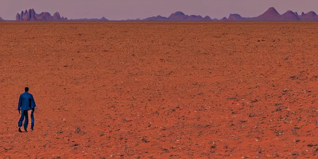 Prompt: of a photography of a man walking on desert , with blue light dark blue sky, long cloths red like silk, ants are big and they shine on the sunlight, there are sand mountains on the background, a very small oasis on the far distant background along with some watch towers, ants are perfect symmetric insects, man is with black skin, the man have a backpack, the man stands out on the image, the ants make a line on the dunes, the sun up on the sky is strong, the sky is blue and there are some clouds, its like a caravan of a man guiding dunes of the desert, colors are strong but calm, volumetric, detailed objects, Arabica style, wide view, 14mm,