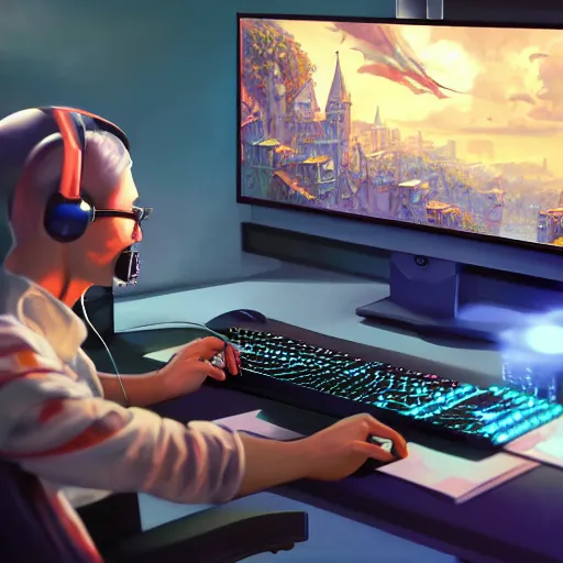 Prompt: european union commission influencer sitting on chair on computer playing games on led keyboard and gaming mouse, eu, europa, european, led gaming, led gamers keyboard, dark and gloom, extremely detailed oil painting, rhads, Bruce Pennington, Studio Ghibli, tim hildebrandt, cinematic, octane render, beautiful composition, trending on artstation, award-winning photograph, masterpiece