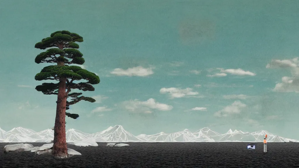 Prompt: a seaside landscape with sequoia trees, japan, a collage painting, in the style of wes anderson, lola dupre, david hockney, isolated on negative white space background dark monochrome neon spraypaint accents volumetric octane render