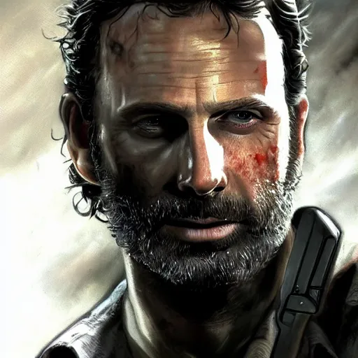 Image similar to rick grimes in resident evil, artstation hall of fame gallery, editors choice, #1 digital painting of all time, most beautiful image ever created, emotionally evocative, greatest art ever made, lifetime achievement magnum opus masterpiece, the most amazing breathtaking image with the deepest message ever painted, a thing of beauty beyond imagination or words