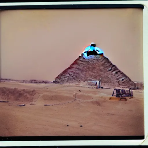 Prompt: Polaroid picture of cranes building the egyptian pyramids, nostalgic tint