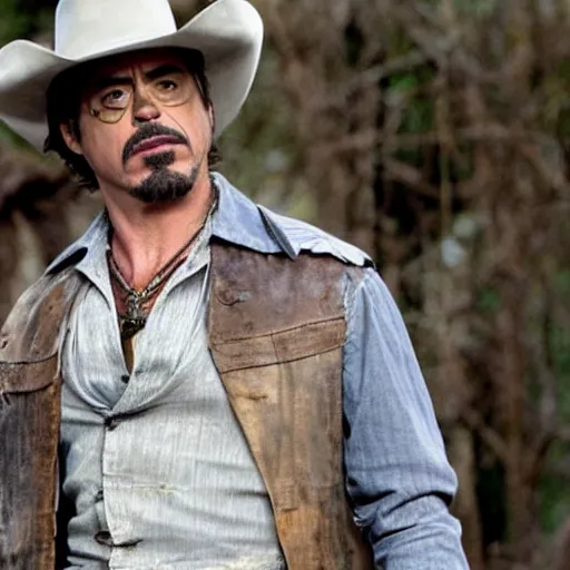 Image similar to robert downey jr as cowboy, an film still, cinematic