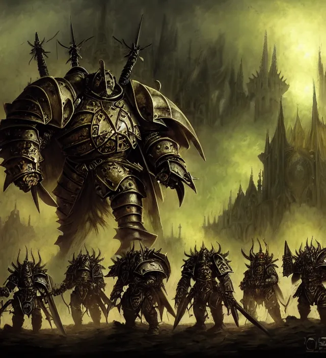 Image similar to armor _ portrait _ heros _ warhammer _ 4 _ 0 _ k _ - pestilence, nurgle warrior, champion _ the _ primarchs _ emperor _ by _ johannes _ helgeson _ animated _ with _ vfx _ concept _ artist _ _ with cathedrals in the background, battlefield, army fighting, undead illustrated by ruan jia