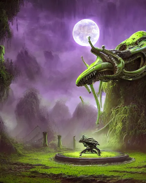 Prompt: xenomorph taxi car in a fantasy village, calming, uplifting mood, ultra realistic, farm, small buildings, highly detailed, atmosphere, violet planet in the sky, masterpiece, epic lighting, elves, green plants, magic, illuminated, 4 k, cinematic, morning sun, art by eddie mendoza