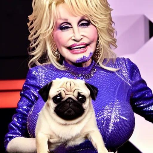 Image similar to dolly parton holding a cute pug way over her head, smile on her face