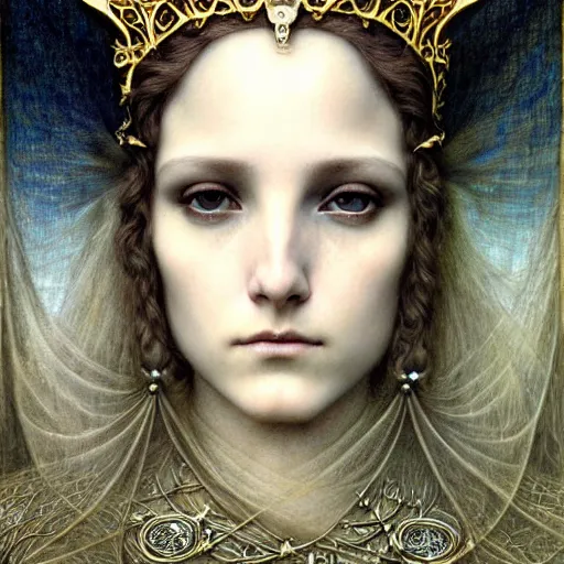 Image similar to detailed realistic beautiful young medieval queen face portrait by jean delville, tom bagshaw, brooke shaden, gustave dore and marco mazzoni, art nouveau, symbolist, visionary, gothic, pre - raphaelite, ornate gilded medieval icon, surreality, ethereal, unearthly, haunting, celestial, neo - gothic, ghostly, memento mori, enigmatic