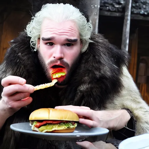 Image similar to john snow eating a hamburger