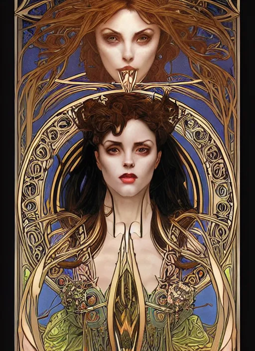 Prompt: a highly detailed symmetrical painting of a sorceress with piercing beautiful eyes, dark tomb setting, dynamic lighting, ambient lighting, deviantart, art by alphonse mucha and artgerm and karol bak and mark brooks