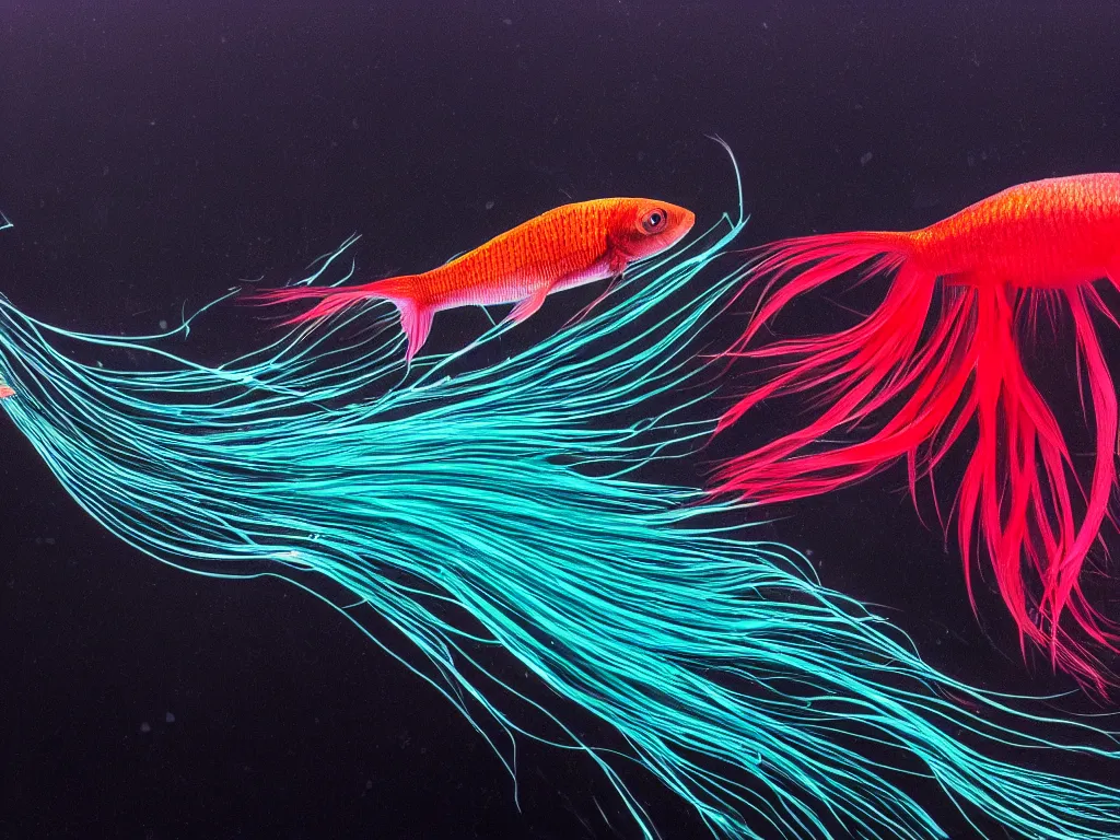 Image similar to a beautiful richly colored beta fish with long flowy scales on a black background surrounded by black water, full subject in view, epic scale ultrawide angle, hyperdetailed