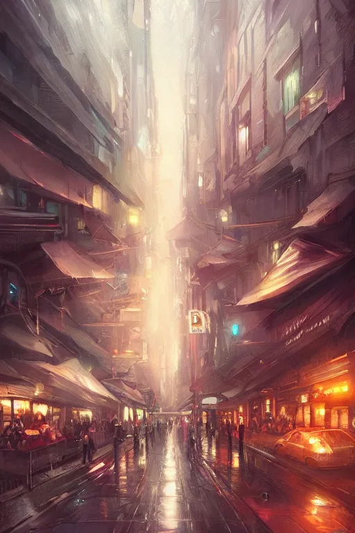 Image similar to a beautiful paiting of Night Life of downtown street by Ross Tran, dark ambient, beautiful, UHD, hyperrealism, Surreal and Fantasy Art, absurdist