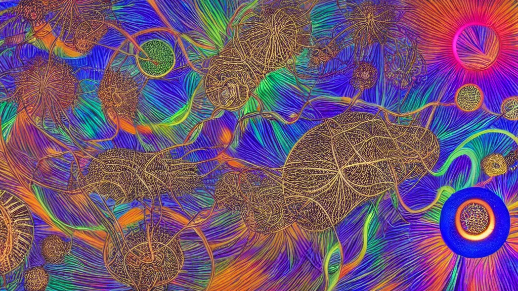 Image similar to quantum connections represented as symbiotic organisms like cells playing around with colorful lights by ernst haeckel, smooth, sharp, realistic