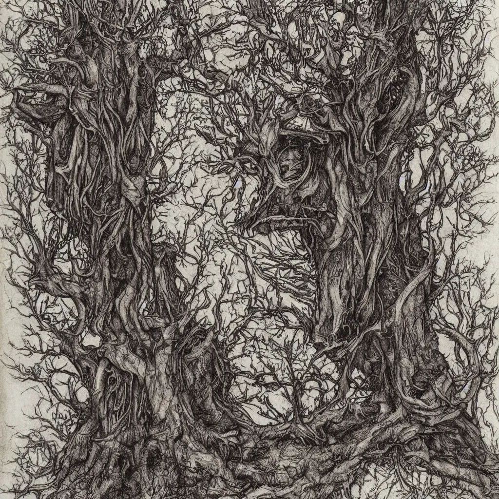 Image similar to leshen from wither 3, dark atmosphere, faded out colors, highly detailed muted colors, highly detailed illustration by albrecht durer, fine art sketch