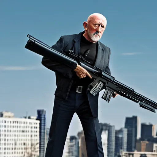 Image similar to Film still of Mike Ehrmantraut aiming with a sniper rifle on a rooftop, 4k, highly detailed