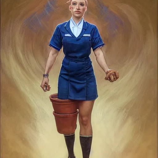 Image similar to epic portrait an muscular waitress wearing short sleeved uniform and carrying food, goddess, detailed, centered, digital painting, artstation, concept art, donato giancola, Dante Gabriel Rossetti, alphonse mucha, Joseph Christian Leyendecker, WLOP, Boris Vallejo, Annie Leibovitz and Steve McCurry, David Lazar, Jimmy Nelsson, Breathtaking, 8k resolution, extremely detailed, beautiful, establishing shot, artistic, hyperrealistic, beautiful face, octane render