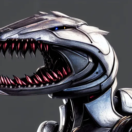 Prompt: high quality close up headshot of a cute beautiful stunning robot anthropomorphic female dragon, with sleek silver armor, a black OLED visor over the eyes, looking at the camera, maw open and about to eat you, you being dragon food, the open maw being detailed and soft, highly detailed digital art, furry art, anthro art, sci fi, warframe art, destiny art, high quality, 3D realistic, dragon mawshot, dragon art, Furaffinity, Deviantart