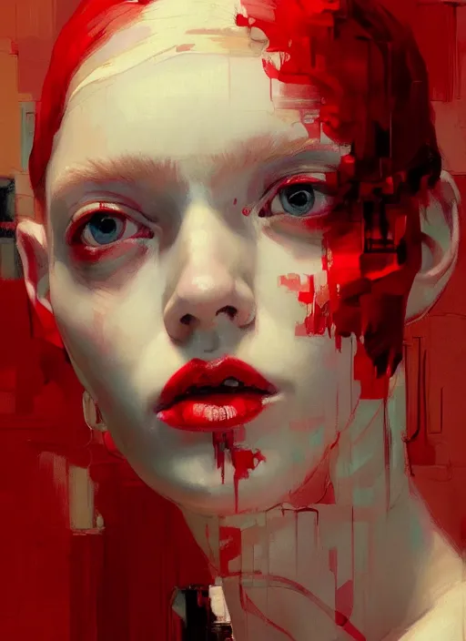 Prompt: portrait of a beautiful albino girl, shades of red, beautiful face, rule of thirds, intricate outfit, spotlight, by greg rutkowski, by jeremy mann, by francoise nielly, by van gogh, digital painting