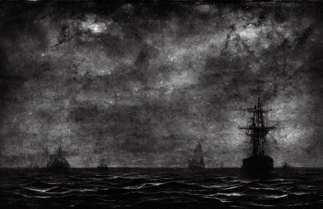 Image similar to stars lingering above ship ever further out to sea intact flawless ambrotype from 4 k criterion collection remastered cinematography gory horror film, ominous lighting, evil theme wow photo realistic postprocessing implicit link is made between form has depth as well as width and height. three - dimensional form is the basis painted without underdrawings by jan urschel by jan urschel