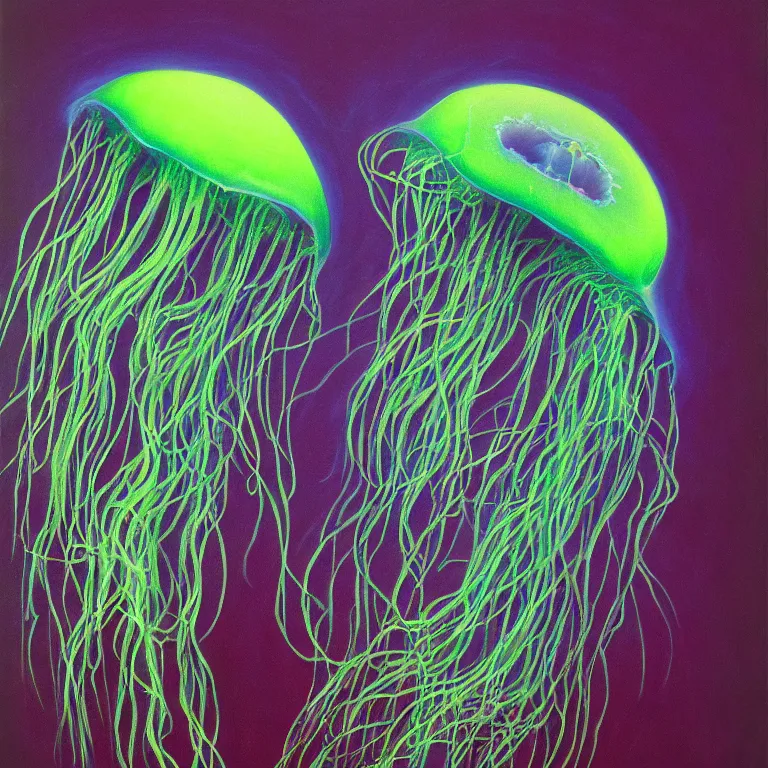 Image similar to Hyperrealistic intensely colored studio Photograph portrait of a deep sea psychedelic bioluminescent jellyfish deep underwater in darkness long exposure, award-winning nature deep sea expressionistic impasto heavy brushstrokes oil painting by Audubon and Zdzisław Beksiński vivid colors hyperrealism 8k