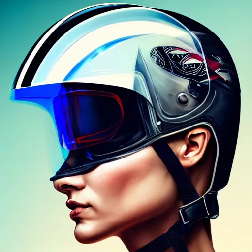 Image similar to sports helmet driver wearing a transparent visor helmet with big eye lashes with high detailed tattoos on neck, side profile on a racing car, highly detailed, digital painting, artstation, concept art, smooth, sharp focus, illustration by Sandra Chevrier