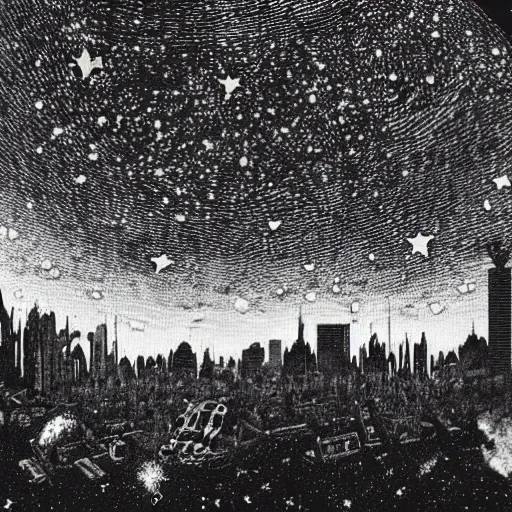 Prompt: Disturbingly huge demon apocalypse, terrorizing a city landscape with highrises, the sky is mystically full of stars and a night time setting and fires