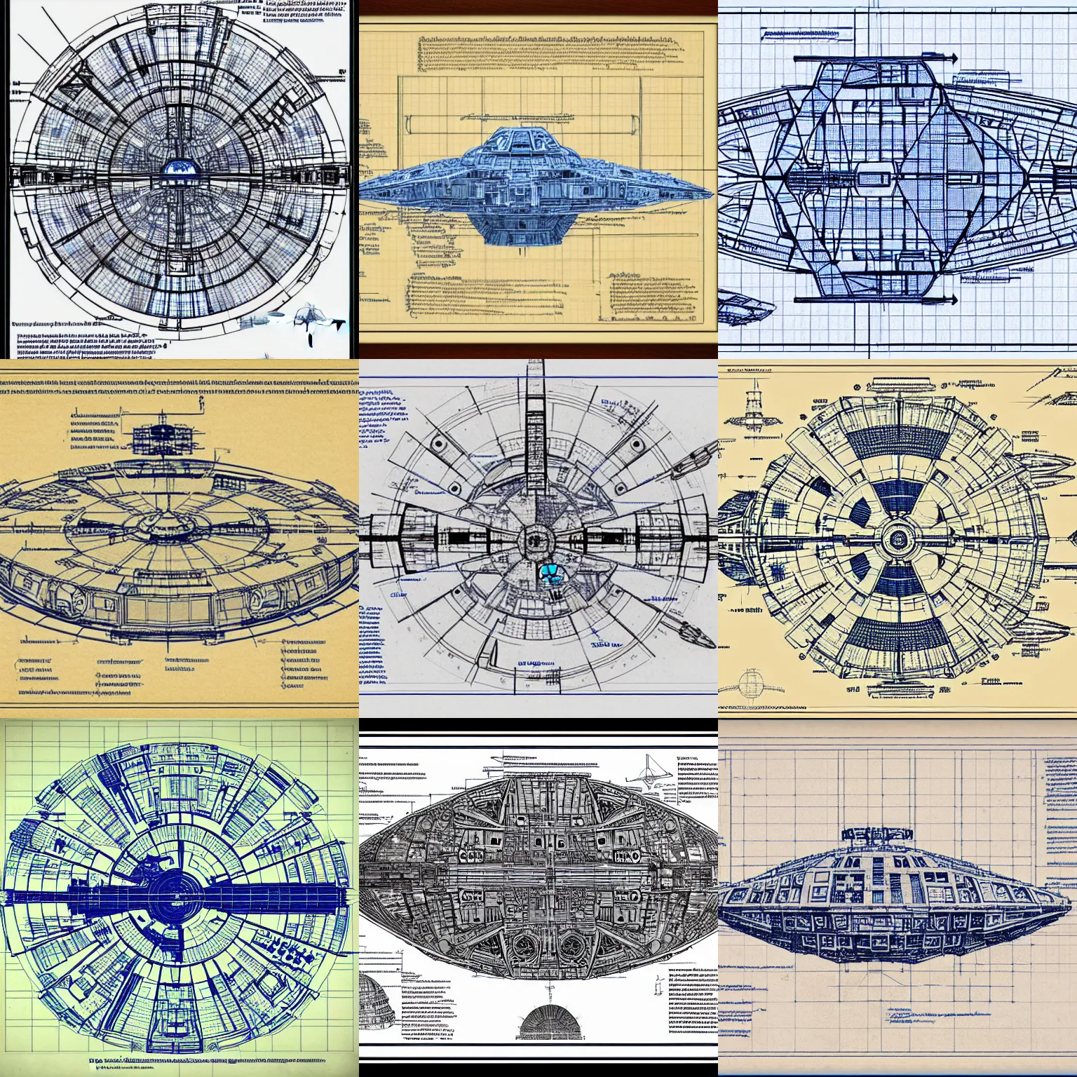 Prompt: blueprint of the millennium falcon, detailed, infographic, structured writings, space grid, old manuscript, by of h. r. da vinci