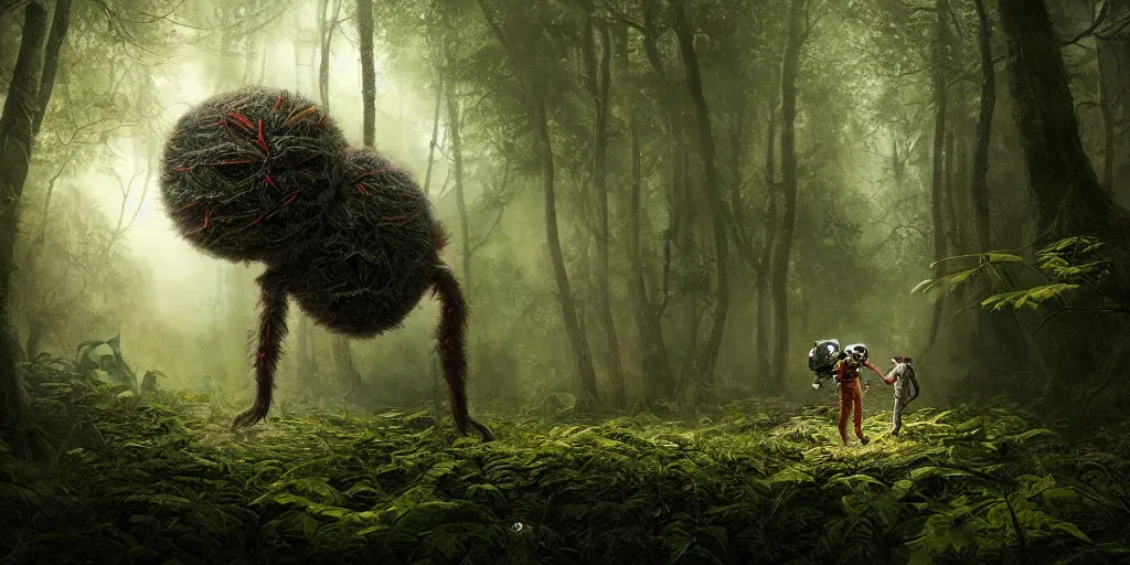 Image similar to an astronaut comes a across a furry spider - like creature in a forest, a detailed matte painting by frieke janssens, featured on cgsociety, space art, matte painting, matte drawing