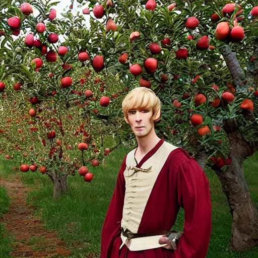 Image similar to portrait of a slender elven man, standing in an apple orchard, dressed in medieval clothes, very handsome, fantasy, dungeons and dragons