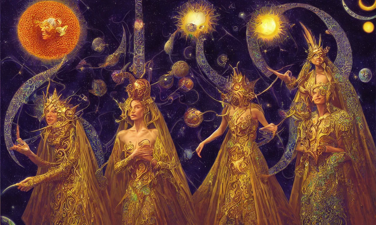 Image similar to sun king and moon queen in the cosmic court of mystical astronomy, art by james c. christensen and keith parkinson