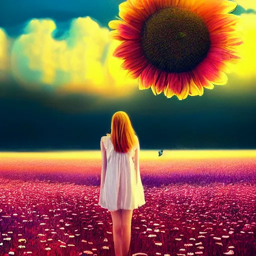 Image similar to giant daisy flower in front of head, full body girl floating in a flower field, surreal photography, sunrise, dramatic light, impressionist painting, colorful clouds, digital painting, artstation, simon stalenhag