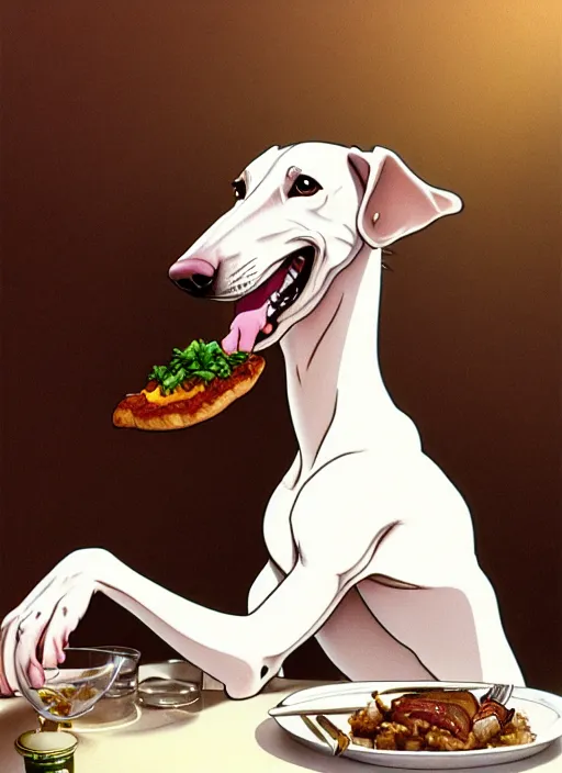 Prompt: cute white brown greyhound eating juicy steak, natural lighting, path traced, highly detailed, high quality, digital painting, by don bluth and ross tran and studio ghibli and alphonse mucha, artgerm