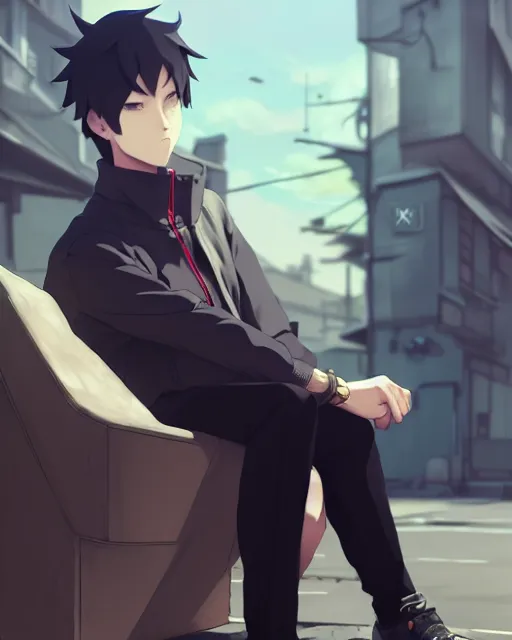 Image similar to handsome masculine man wearing fashionable street attire, sitting down with an intimidating appearance, octane render, unreal engine 5, trending on pixiv fanbox, by greg rutkowski makoto shinkai takashi takeuchi studio ghibli, akihiko yoshida