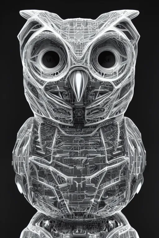 Prompt: cybernetic owl. portrait. complex shape. octane render. 8 k. monochrome. cinematic.