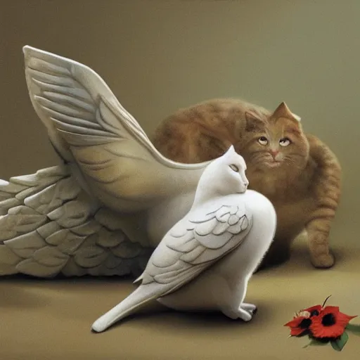 Image similar to cat playing with the dove of peace, photorealistic, detailed