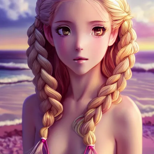 Prompt: a very beautiful anime style princess, full body, long braided curly blonde hair, twisted braids, golden watery eyes, full round face, short smile, pale pink bikini, serene beach setting, cinematic lightning, medium shot, mid-shot, highly detailed, trending on artstation, Unreal Engine 4k, cinematic wallpaper by Stanley Artgerm Lau, WLOP, Rossdraws, James Jean, Andrei Riabovitchev, Marc Simonetti, and Sakimichan