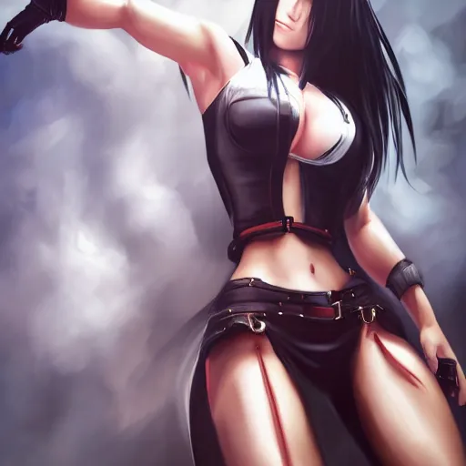 Image similar to a fullbody oil on canvas portrait of tifa from final fantasy 7 remake, trending on artstation, on canvas, very detailed, 8k, painted by leonardo davinci, full legs, fully clothed, detailed face, masterpiece