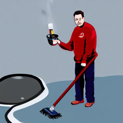 Image similar to a janitor using elon musk as a broom to clean the floor of a dirty empty planet, digital art, trending, award - winning, cinema