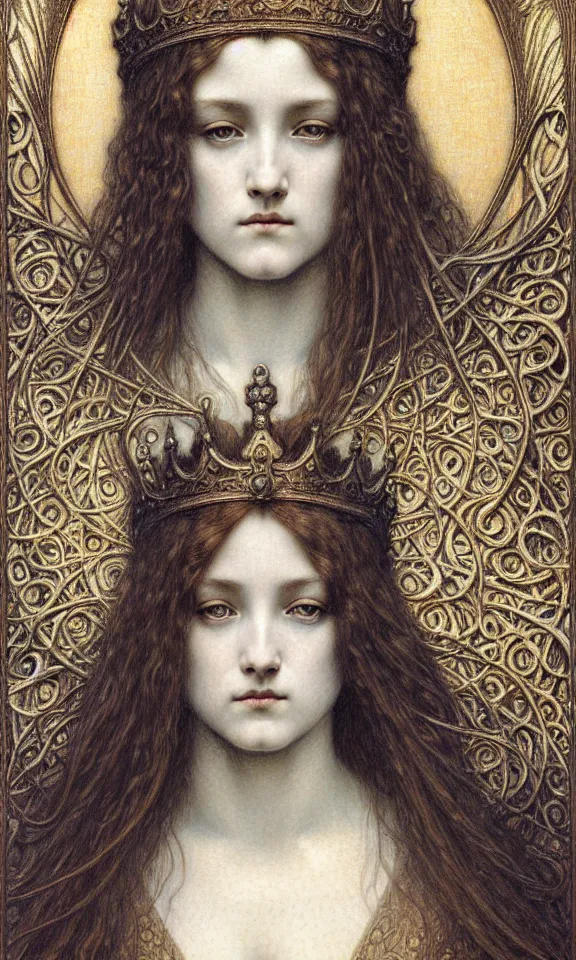 Image similar to detailed realistic beautiful young medieval queen face portrait by jean delville, gustave dore and marco mazzoni, art nouveau, symbolist, visionary, gothic, pre - raphaelite. horizontal symmetry